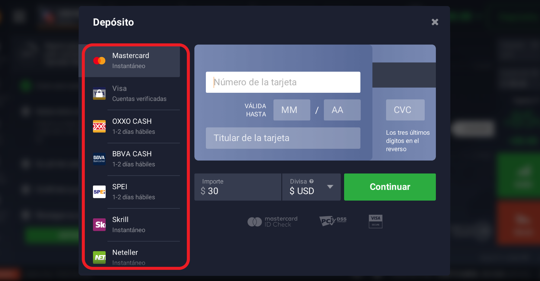 Opciones de depósito y retirada Opciones de depósito y retirada