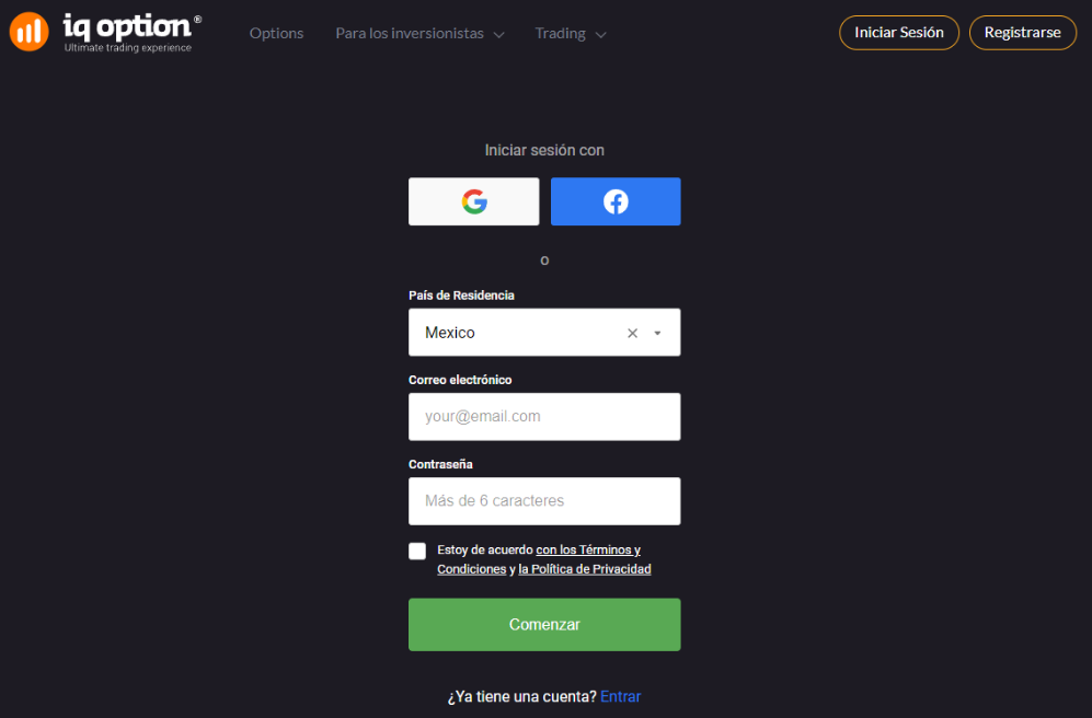 Formulario de registro de cuenta en IQ Option Formulario de registro de cuenta en IQ Option